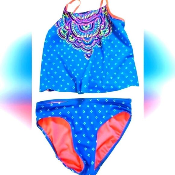 JUSTICE Tankini 2-Pc Swimsuit Mandela Flower Print Girls sz - Picture 1 of 9